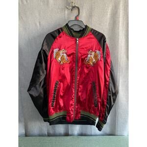 Smoke Rise Embroidered Souvenir Bomber Jacket - Red/Black - Winged Tiger Medium